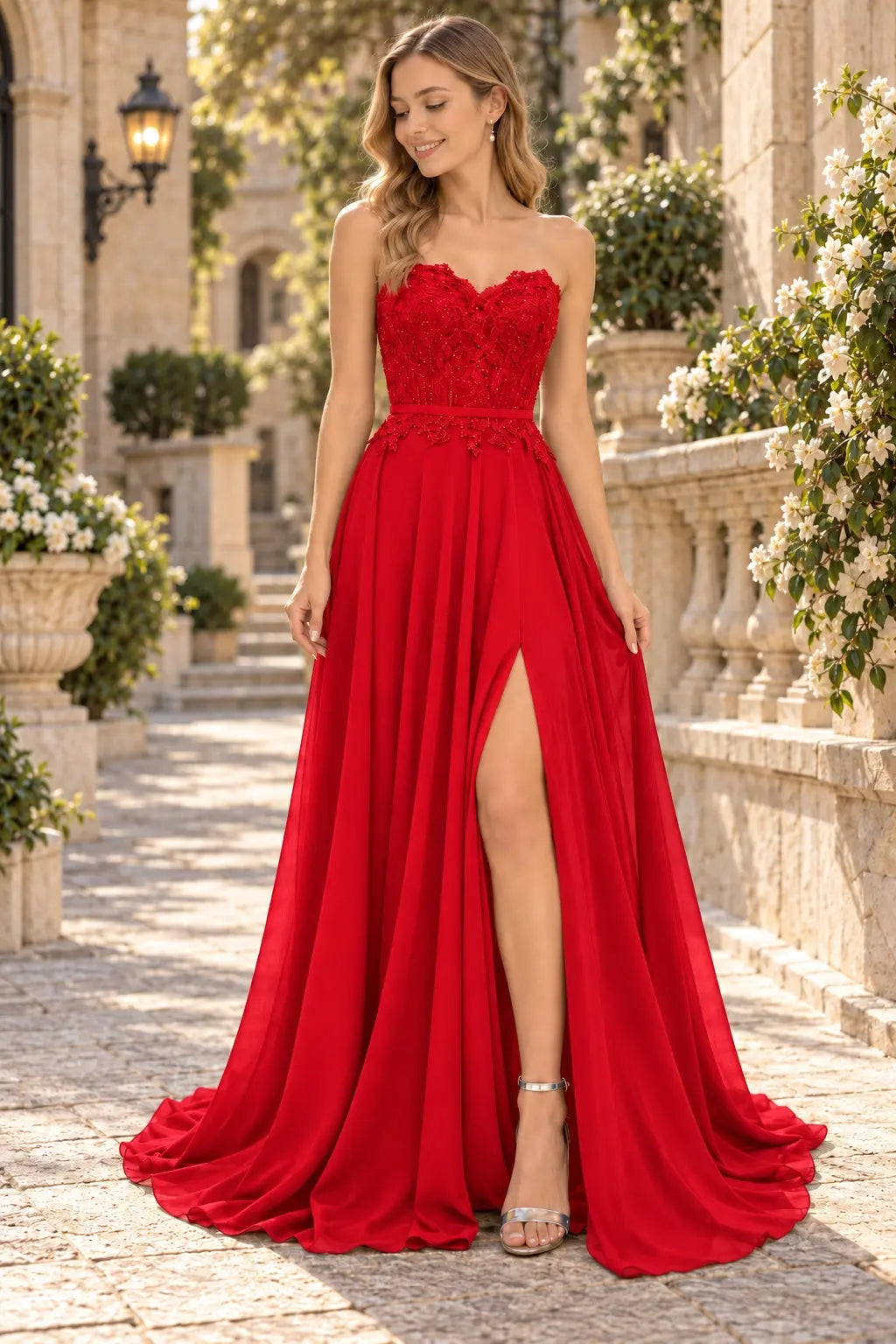 A-line Sweetheart Sweep Train Chiffon Prom Dresses With Lace Beading Split