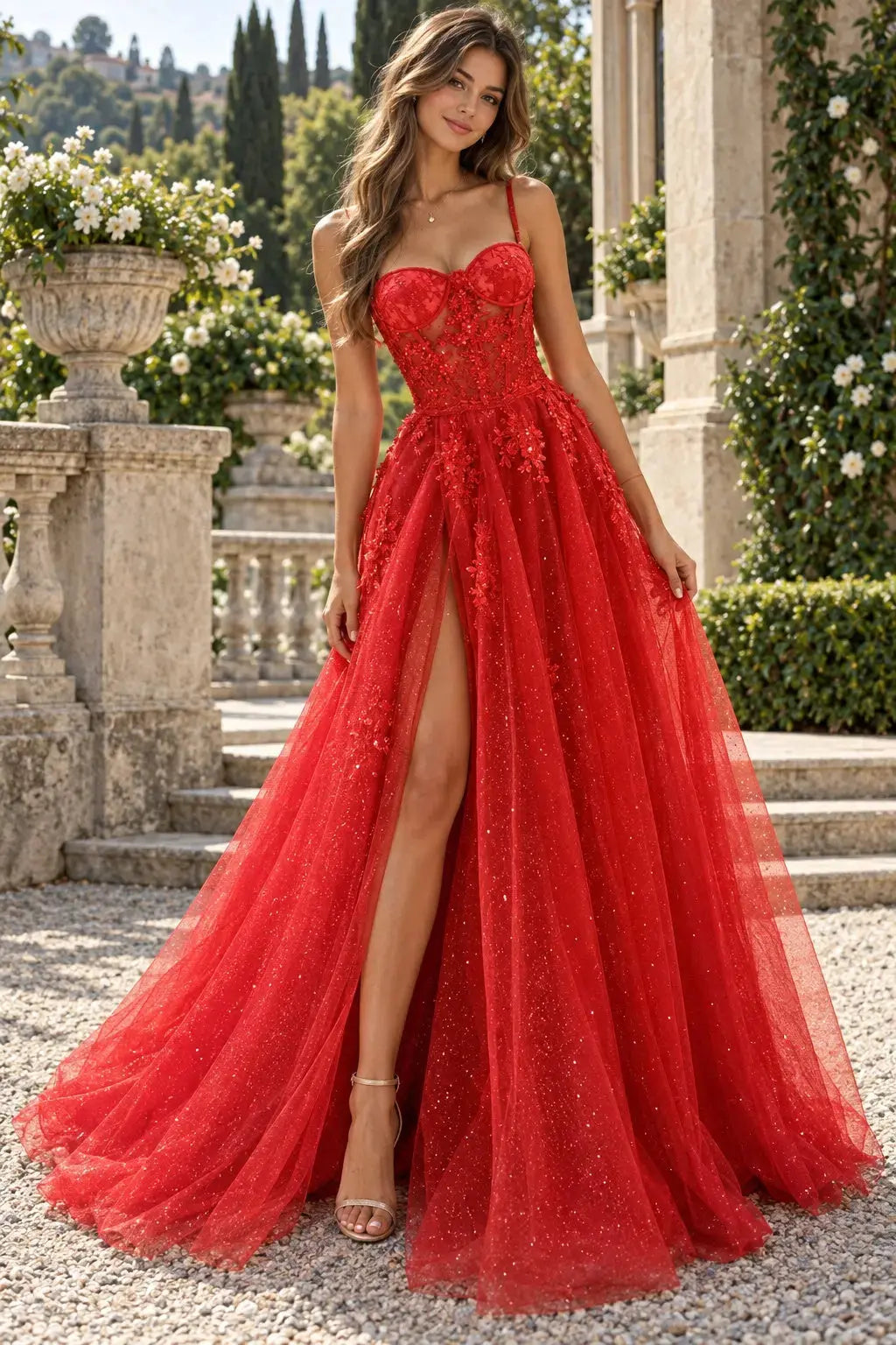 Red Glitter Tulle A-Line Prom Dress with Lace Corset & Thigh-High Slit