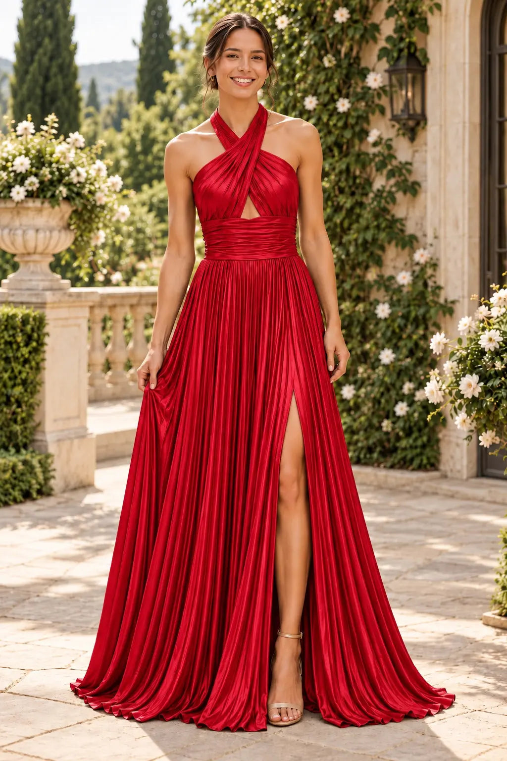 Glitter Green Halter Cut Out Backless Pleats Long Prom Dress with Slit