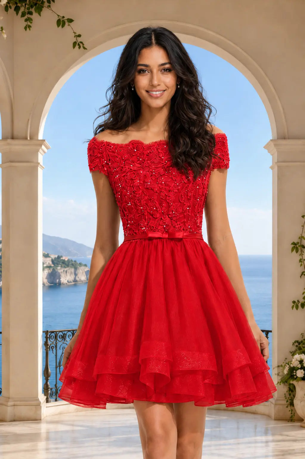Burgundy Lace Off Shoulder A Line Short Homecoming Dress KAIDRESS