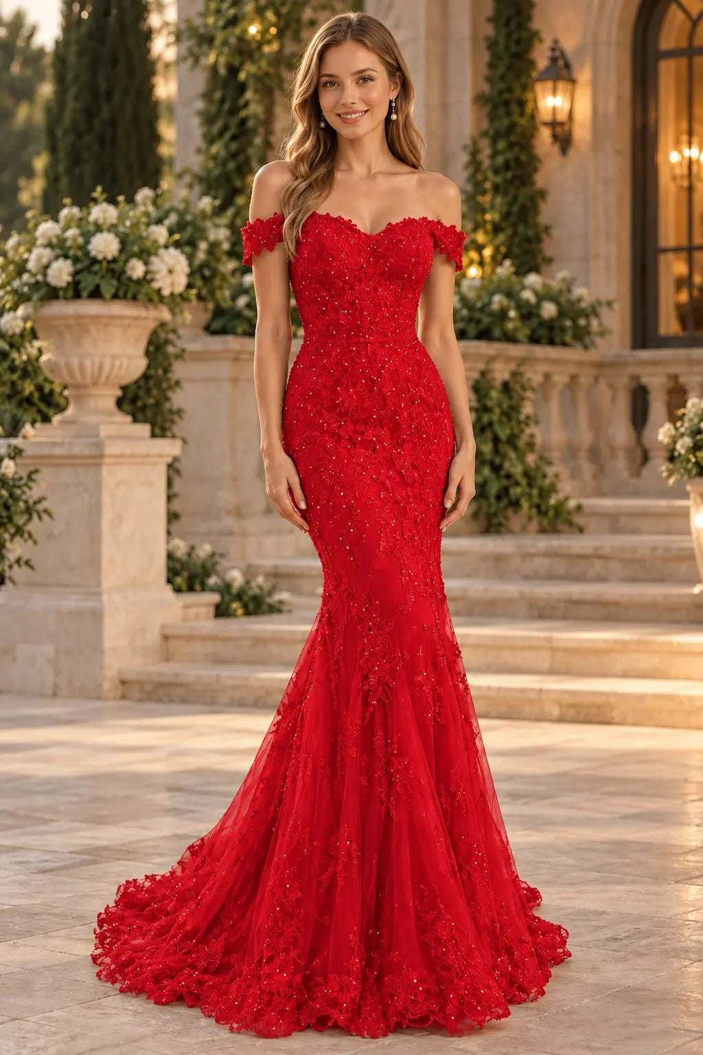 Lace Long/Floor-Length Trumpet/Mermaid Sleeveless Off-The-Shoulder Zipper Prom Dresses With Appliqued Beaded
