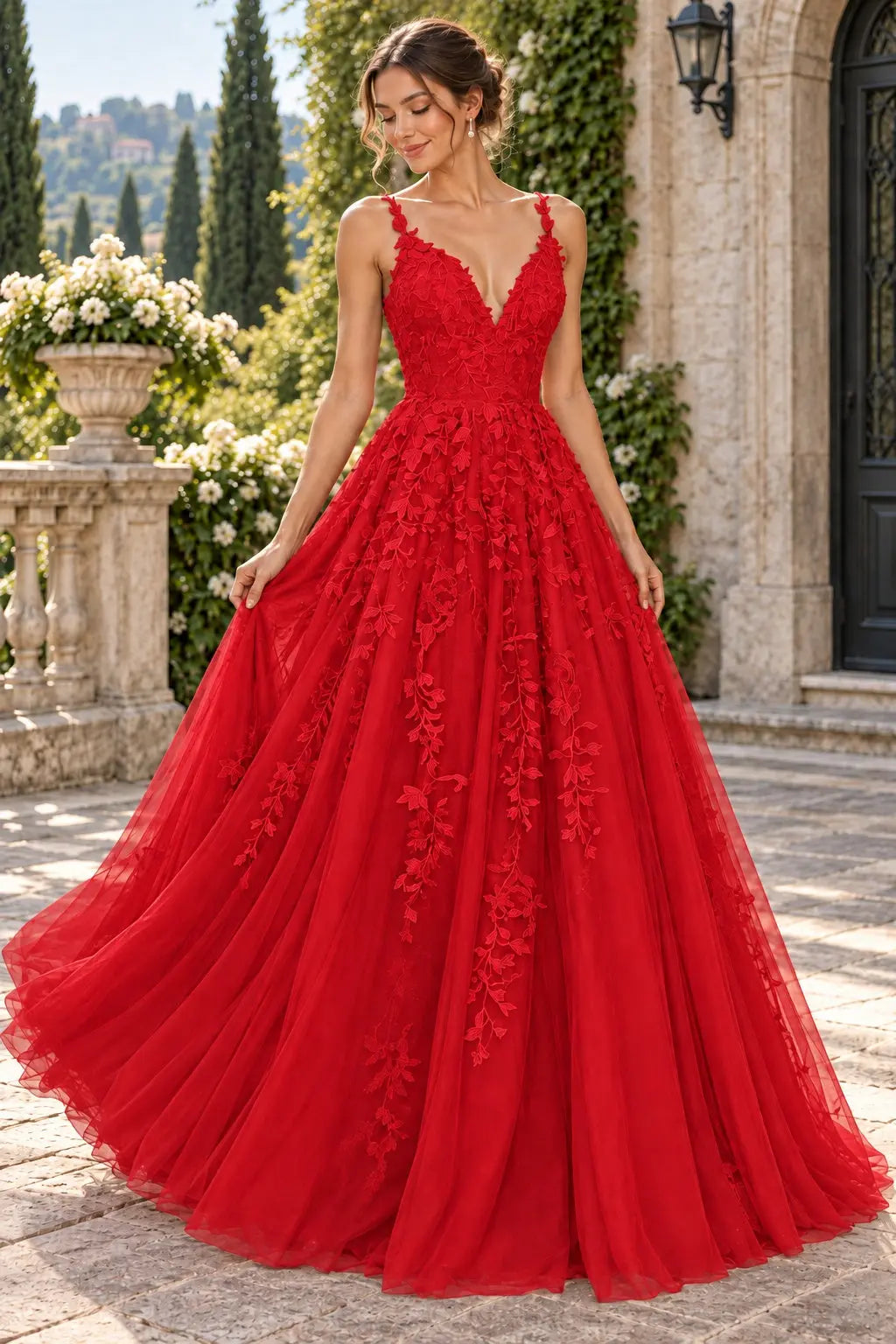 A-Line Lace Prom Dresses Long V Neck Sleeveless Formal Maxi Dress