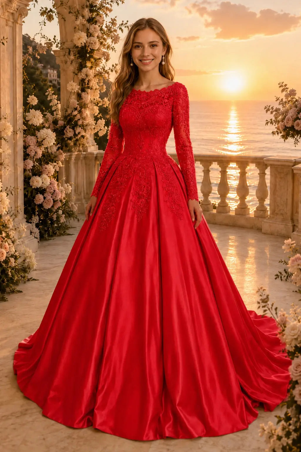 Ball Gown Long Sleeves Off-the-Shoulder Chapel Train Applique Satin Prom Dresses Kaidress