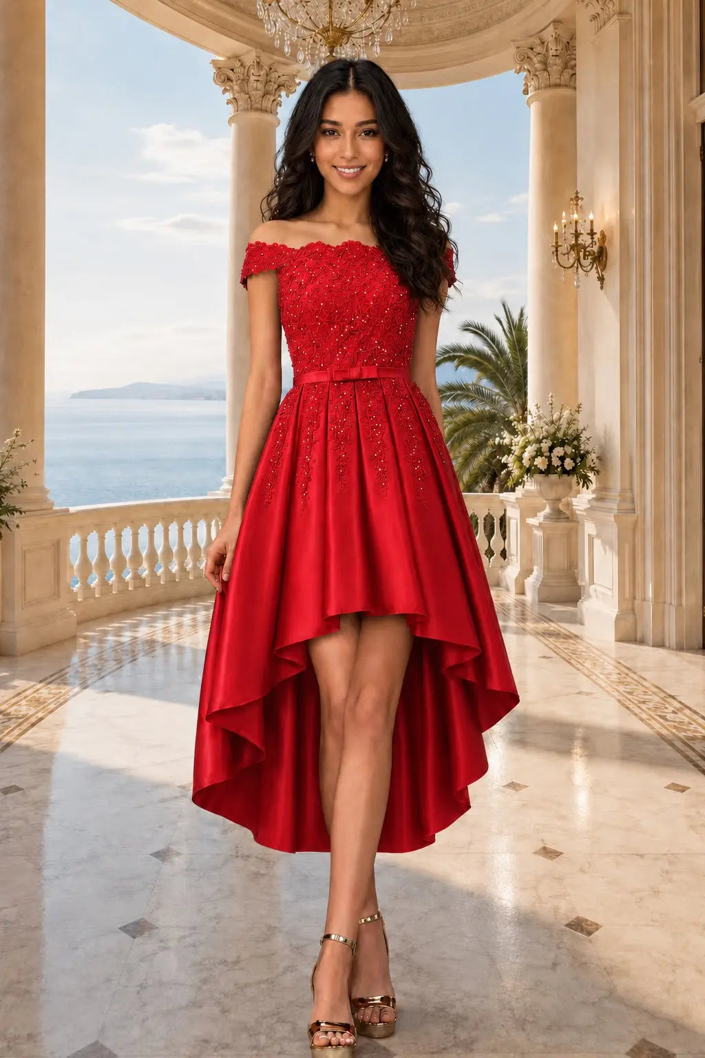 A-line Burgundy Satin Off the Shoulder A Line Strapless Lace Tulle Asymmetrical Dress With Pockets KAIDRESS