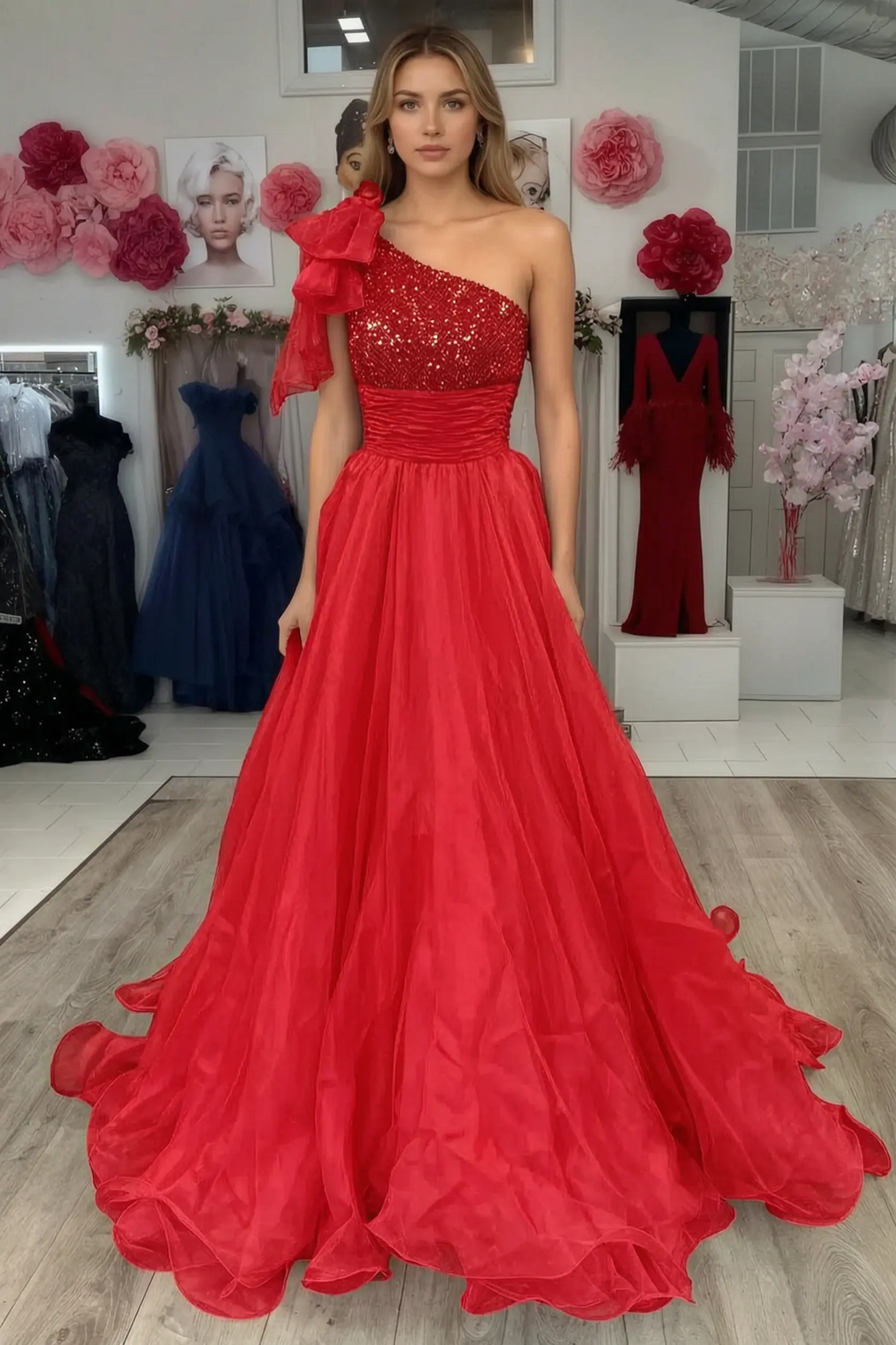 A Line Sparkly Sky Blue One Shoulder Long Prom Dress with Beading KAIDRESS