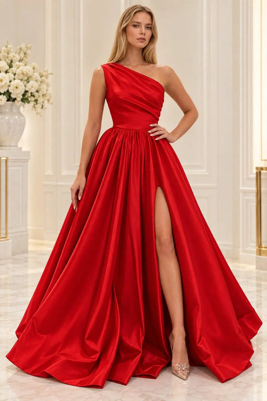 Red One-Shoulder Satin A-Line Long Prom Dress with High Slit and Floor-Length