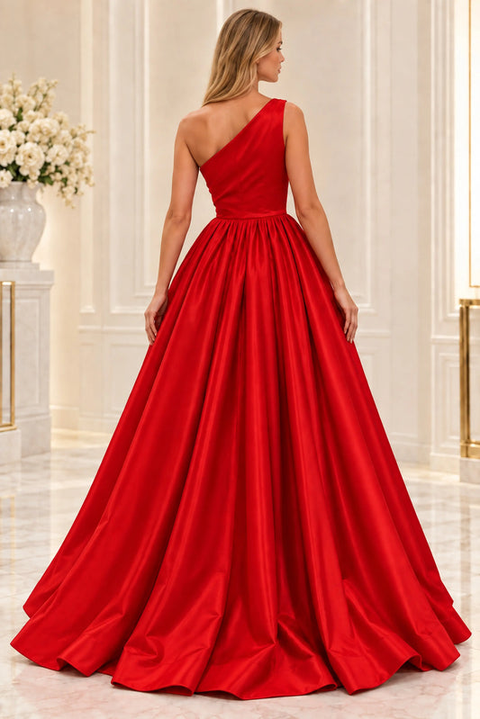 Red One-Shoulder Satin A-Line Long Prom Dress with High Slit and Floor-Length