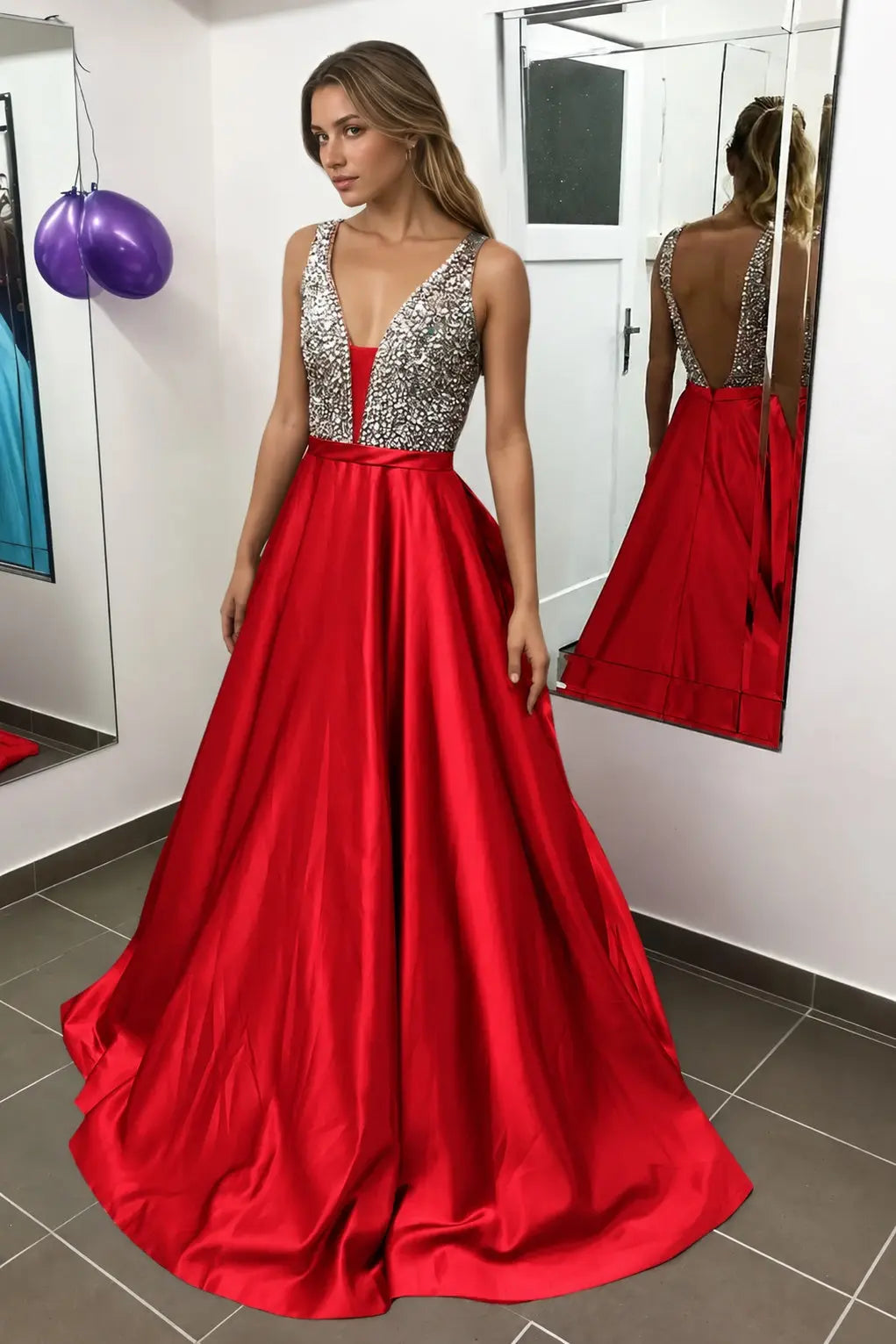 Satin Burgundy Formal Prom Dresses Sparkly Long Princess Evening Gowns