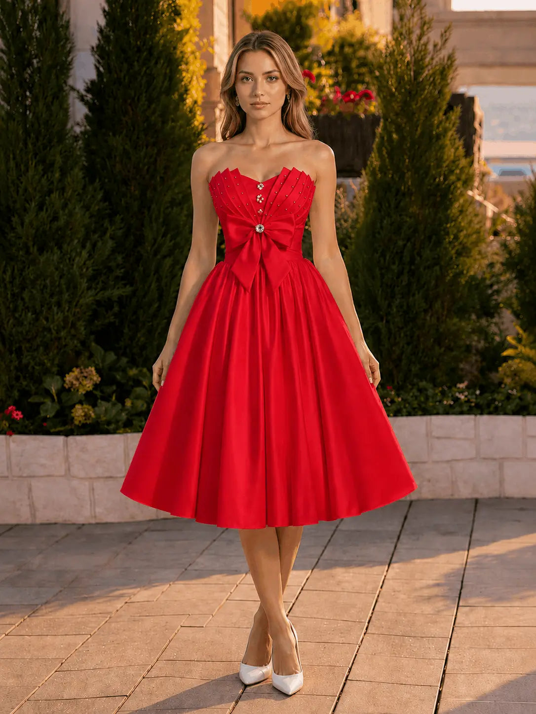 A-line Sweetheart Sleeveless Knee-Length Satin Homecoming Dress with Bow KAIDRESS