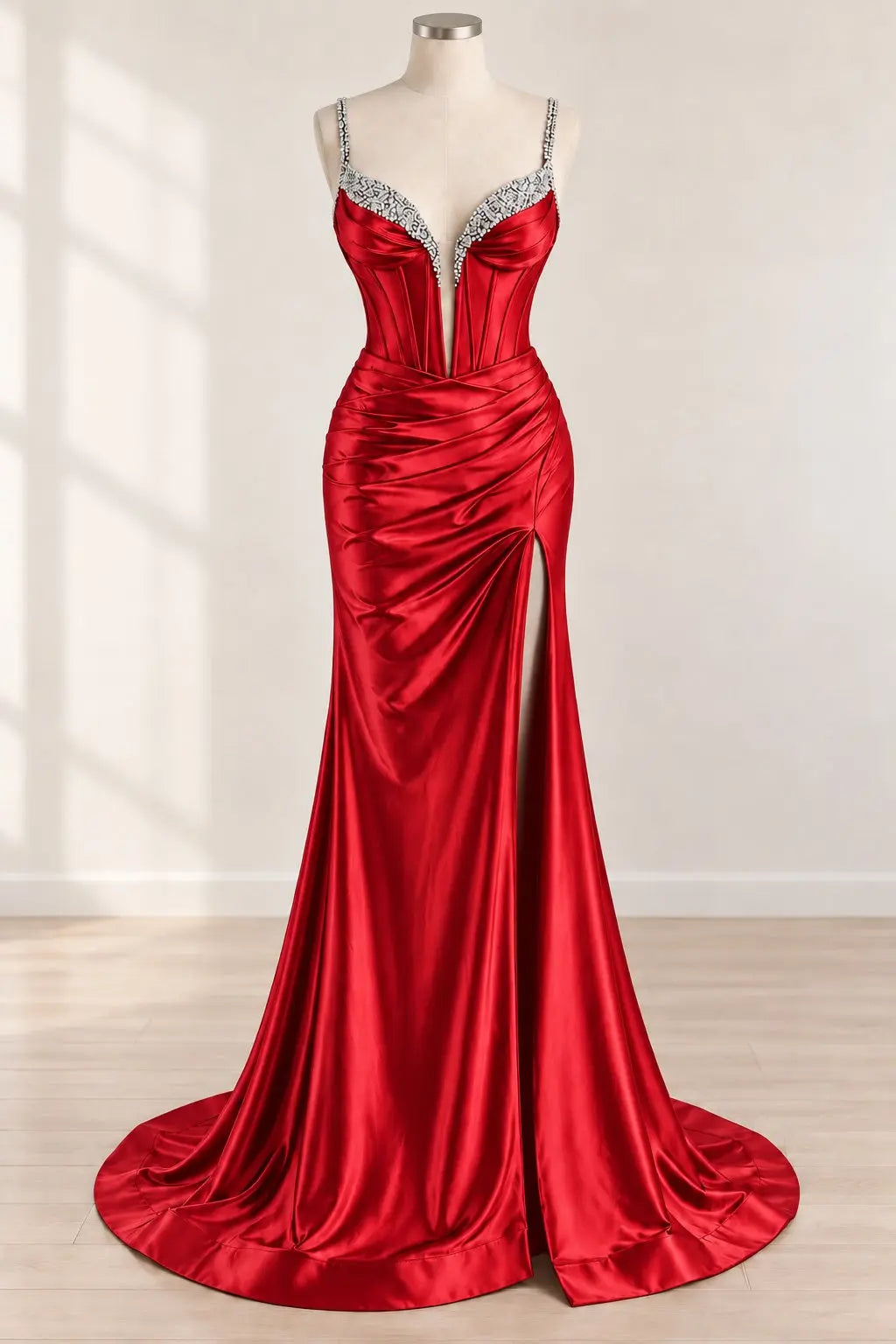 Mermaid Fuchsia Spaghetti Straps Satin Long Corset Prom Dress with Beading