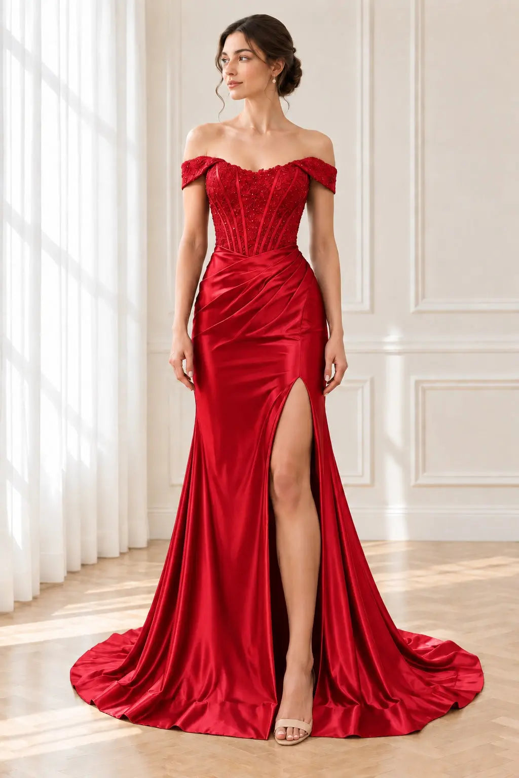 Trumpet/Mermaid Satin Ruched Off-the-Shoulder Prom Dresses Sleeveless Long Green Evening Gowns