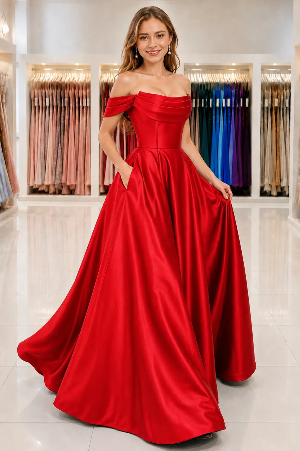A-Line Satin Long Prom Dress, Simple Off the Shoulder Evening Party Dress With Pockets KAIDRESS