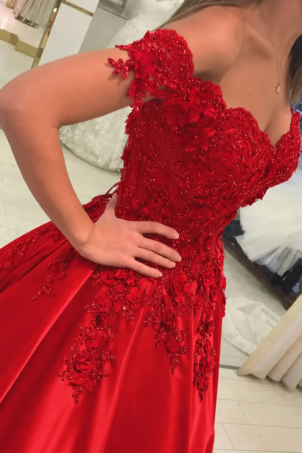 Appliqued Off-The-Shoulder Satin Princess Prom Dress With Beads