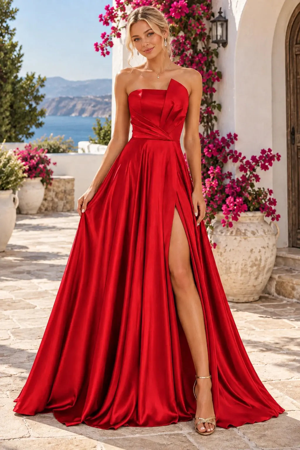 A-line Satin Formal Long Simple Sleeveless Prom Dresses with Slit
