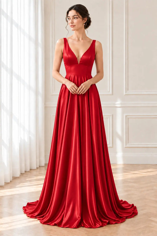 Red Satin V-Neck Sleeveless A-Line Prom Dress with Flowing Sweep Train