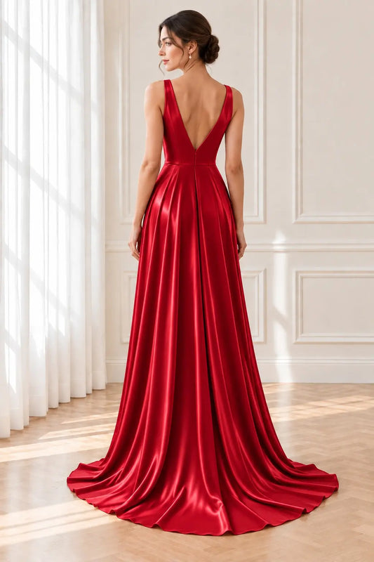 Red Satin V-Neck Sleeveless A-Line Prom Dress with Flowing Sweep Train