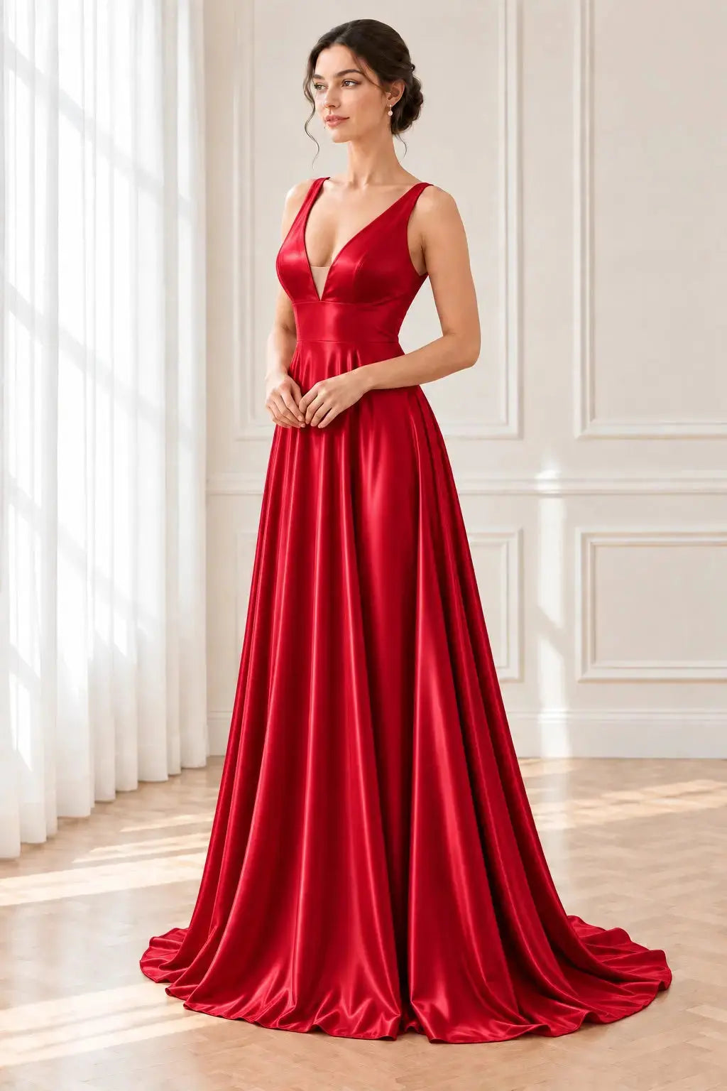 Red Satin V-Neck Sleeveless A-Line Prom Dress with Flowing Sweep Train