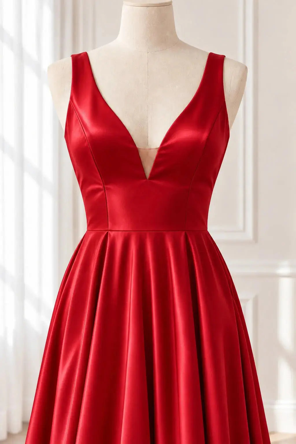 Red Satin V-Neck Sleeveless A-Line Prom Dress with Flowing Sweep Train
