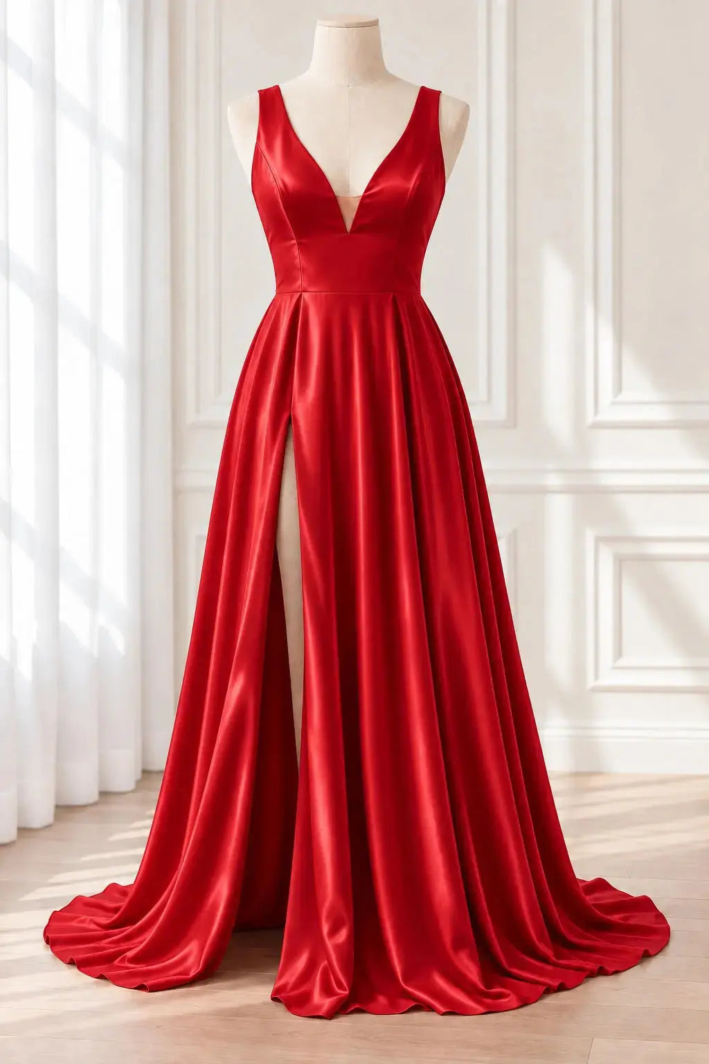 Red Satin V-Neck Sleeveless A-Line Prom Dress with Flowing Sweep Train