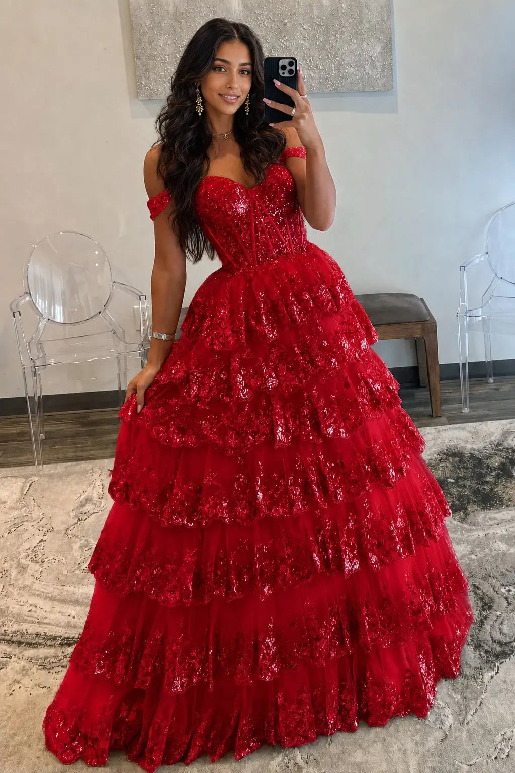 A-Line/Princess Princess Off the Shoulder Sequined Lace Prom Dress KAIDRESS