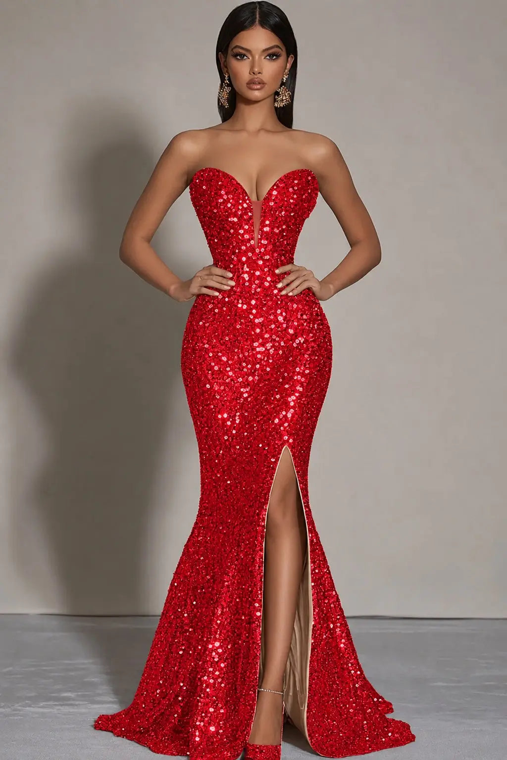 Sparkly Gold Sequins Mermaid Strapless Long Formal Dress with Slit Kaidress