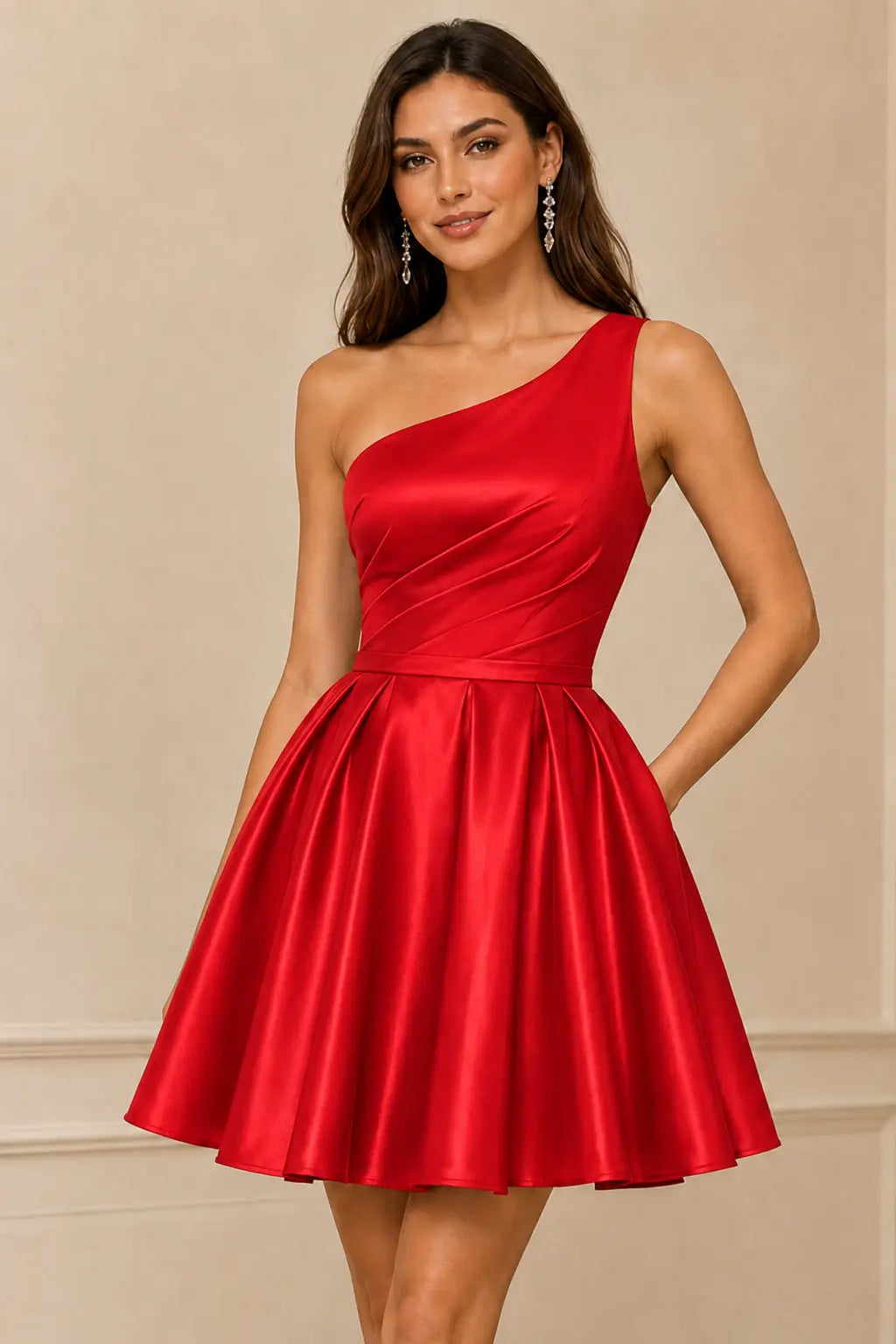 Green One Shoulder Satin Mini A Line Homecoming Dress With Pockets KAIDRESS