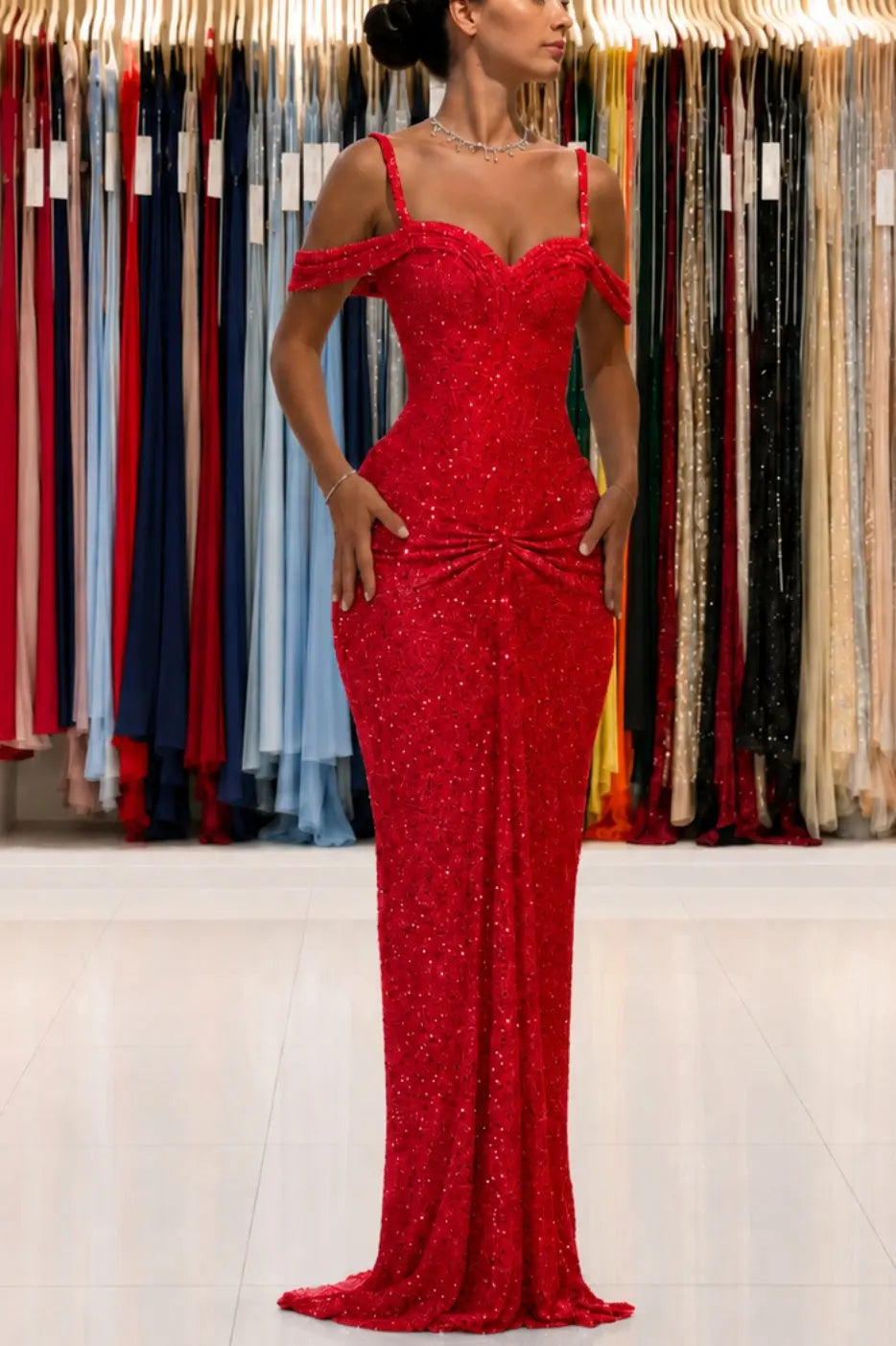 Luxury Sparkly Lace Off-Shoulder Long Beaded Prom Gown with Slender Straps KAIDRESS