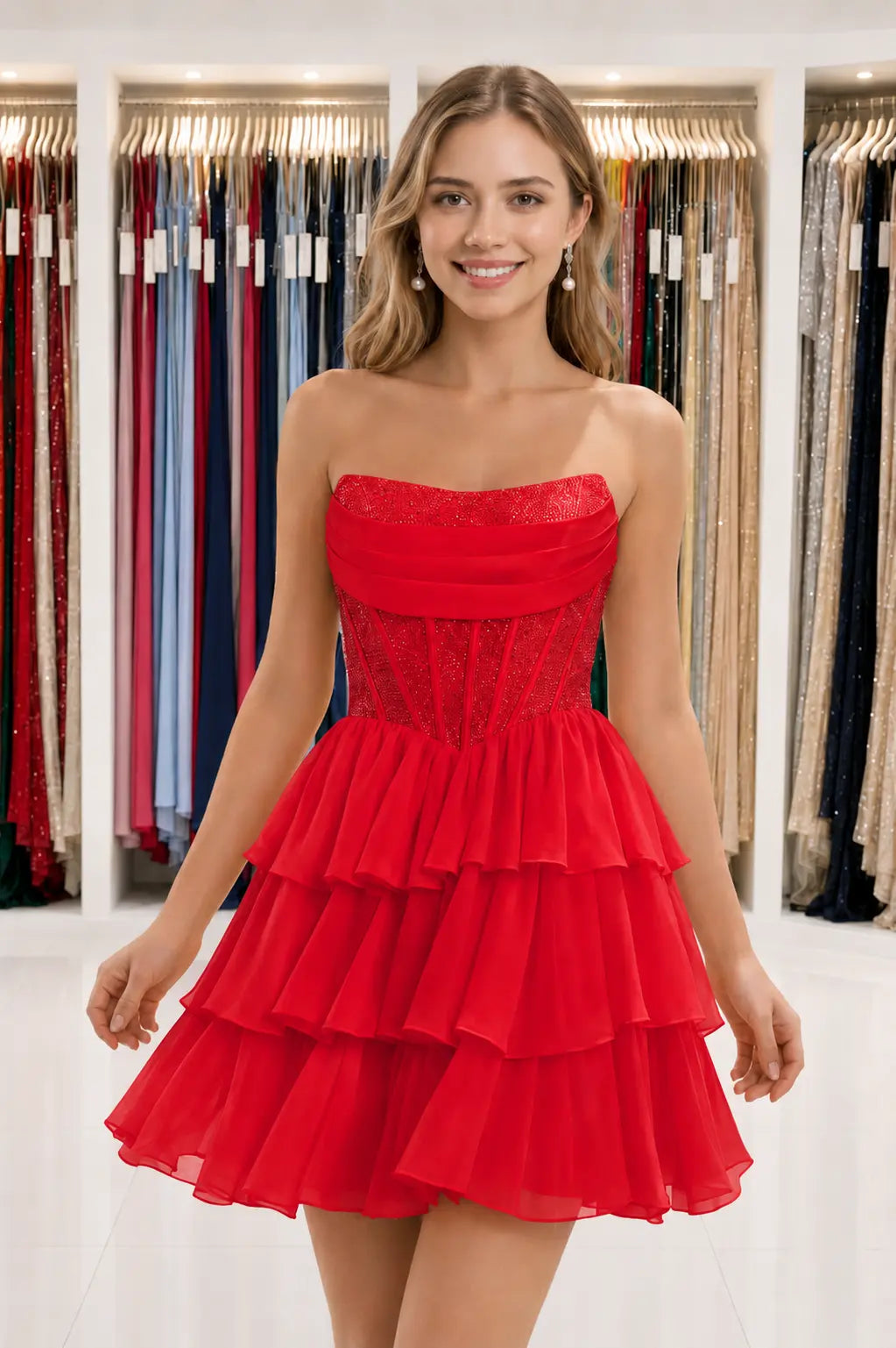 Daffodil Strapless Corset Tiered Ruffle Mini Homecoming Dress With Beading KAIDRESS
