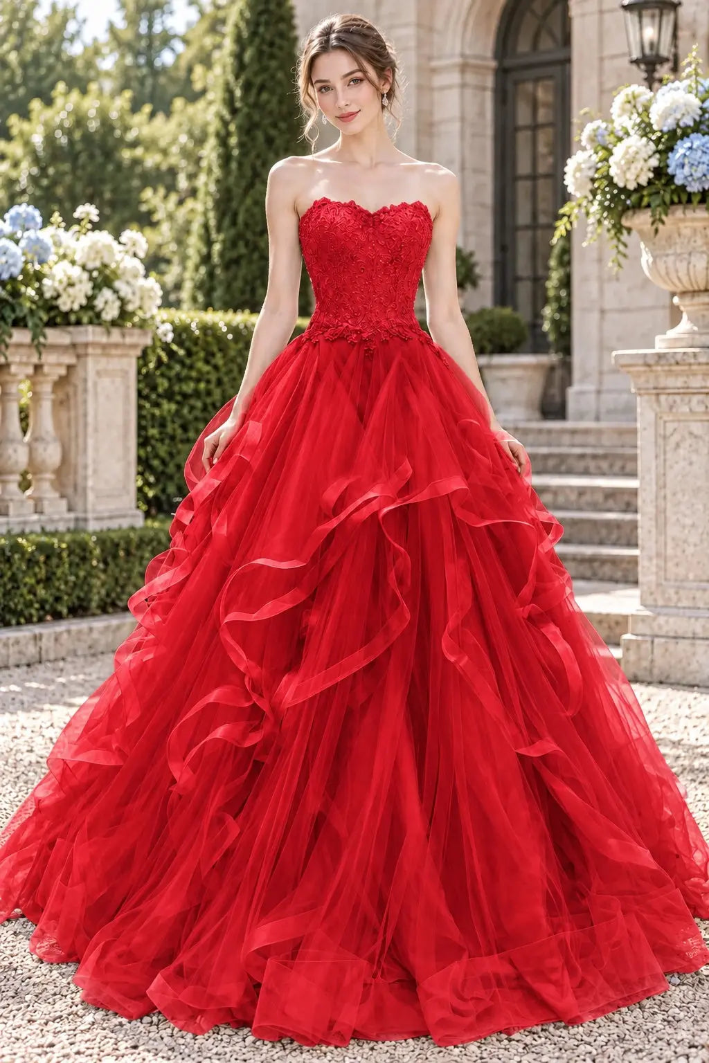 Blue Tulle Lace Long Prom Dresses Princess Layered Formal Evening Gowns