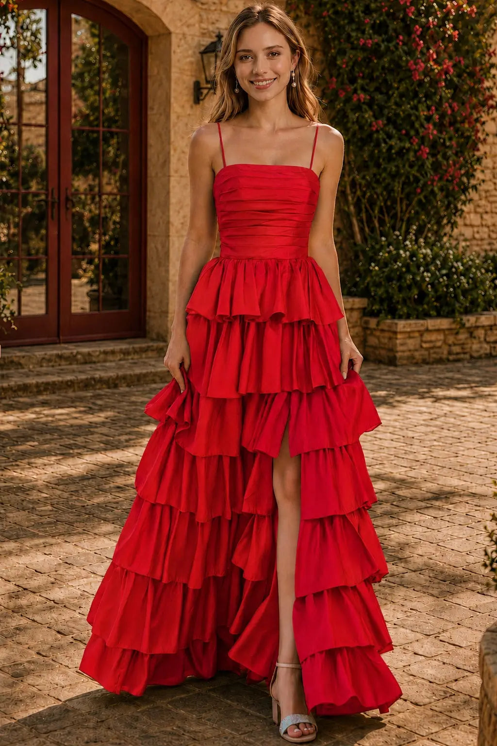 A-line Square Neckline Spaghetti Straps Floor-Length Taffeta Prom Dress with Ruffles Slit KAIDRESS