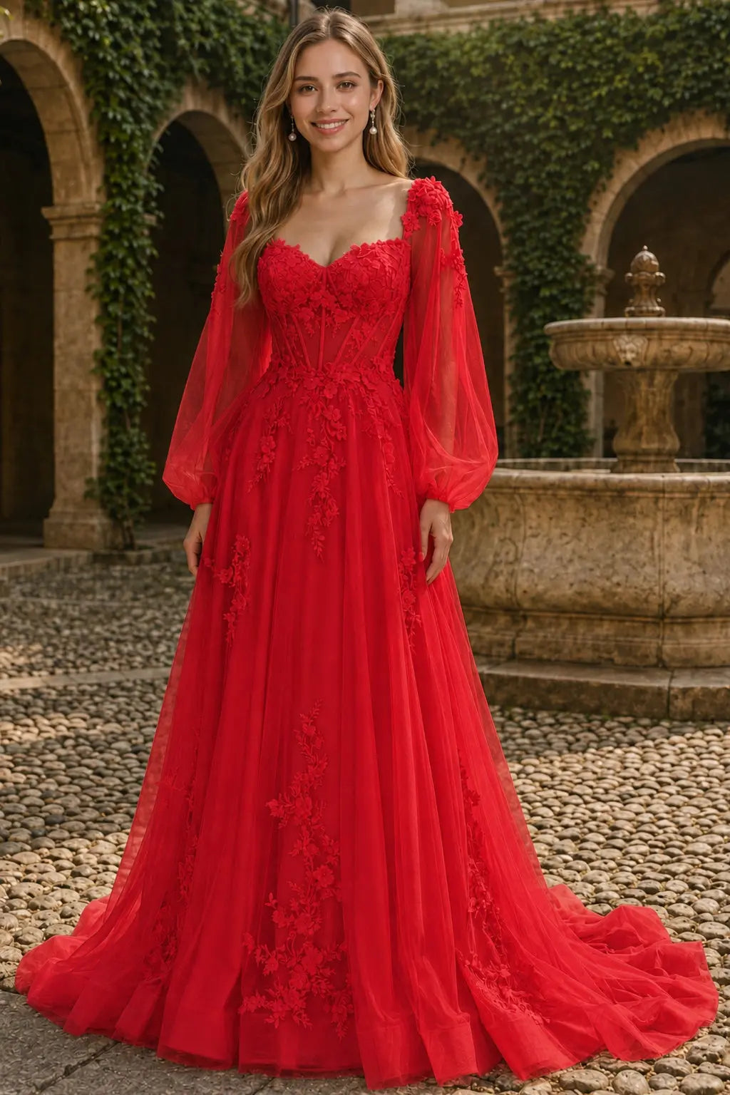 A-line 3D Floral Lace Applique Tulle Long Sleeves Prom Dress