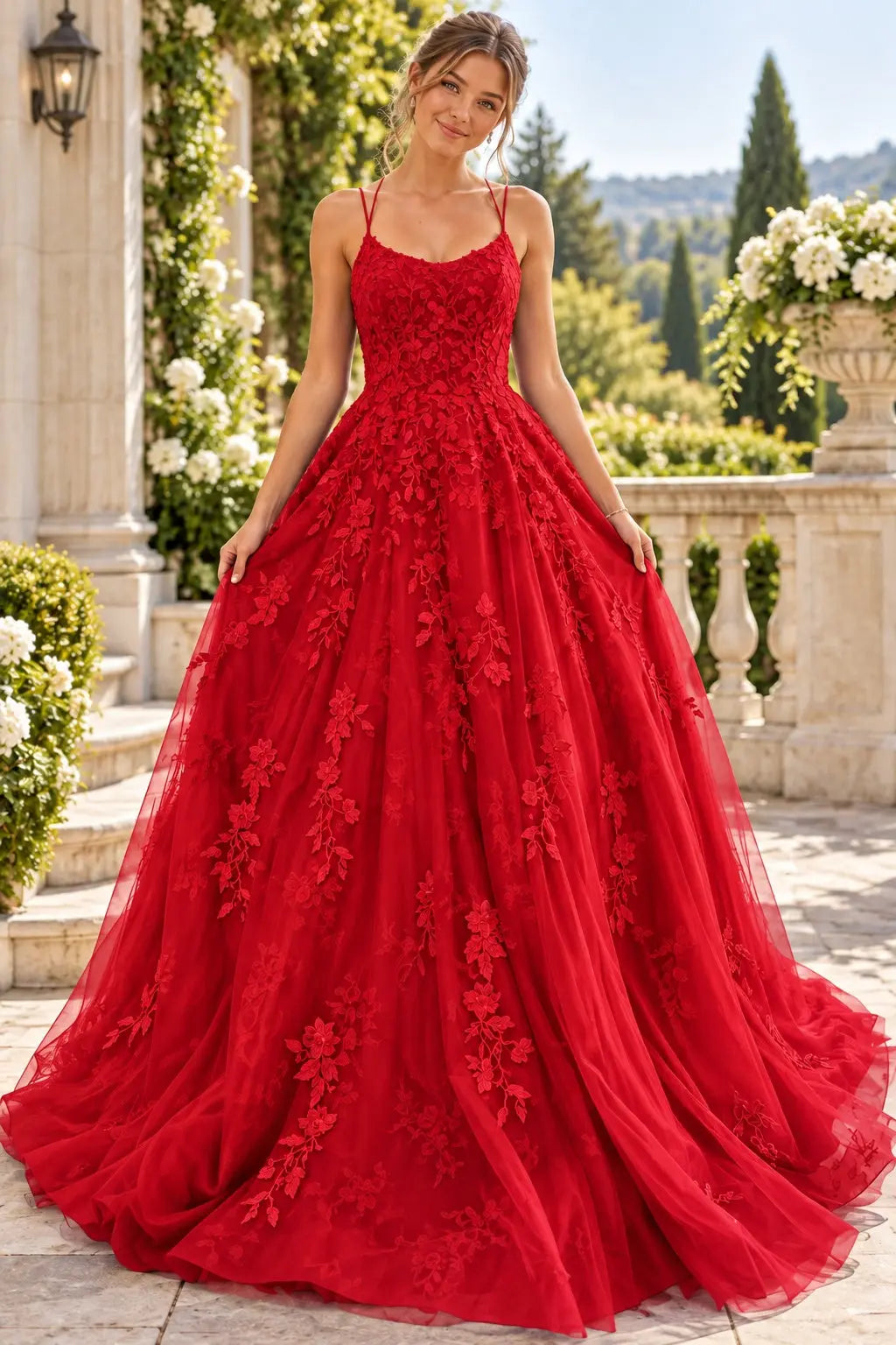 A-line Bateau Neckline Spaghetti Straps Long/Sweep Train Tulle Lace Prom Dresses