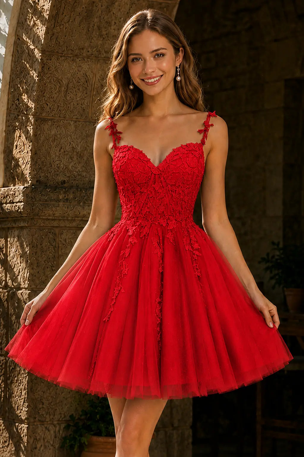 A-line V Neck Short/Mini Tulle Lace Homecoming Dress