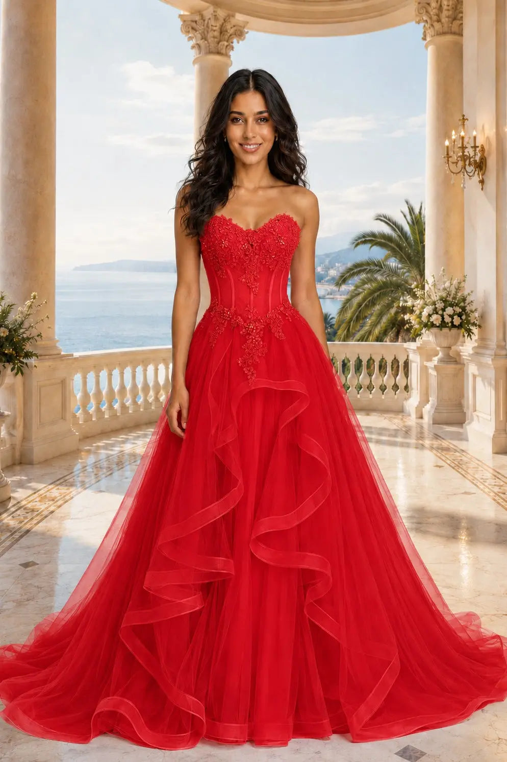 A-line/Princess Sweetheart Sleeveless Sweep Train Tulle Prom Dresses With Beading Appliqued KAIDRESS