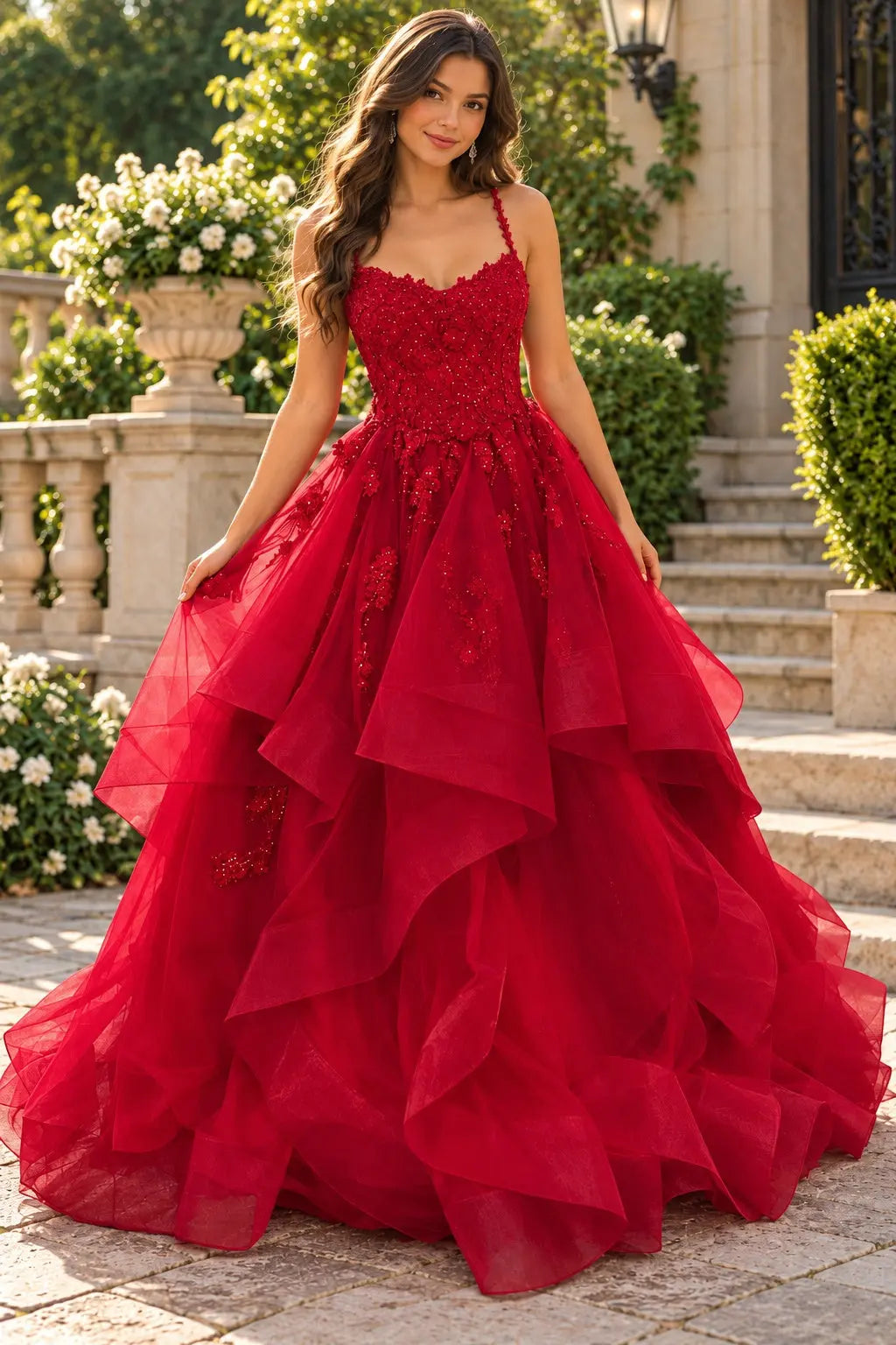 Red Tulle V-Neck A-Line Prom Dress - Tiered Ruffles & Floral Appliques