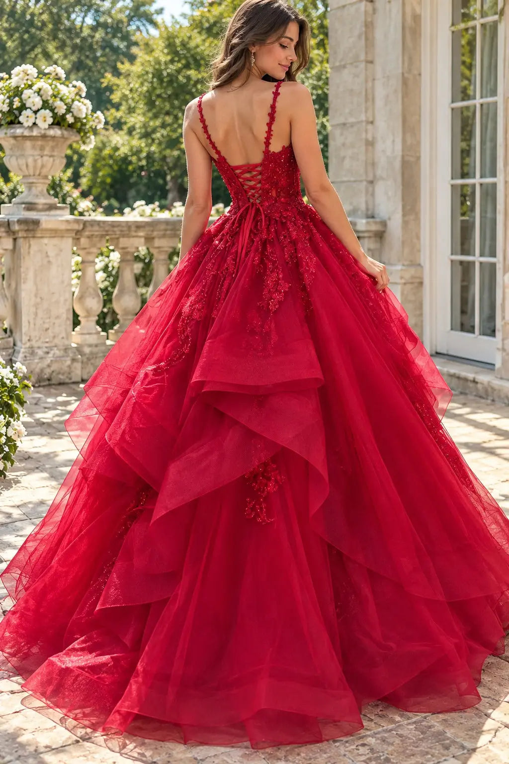 Red Tulle V-Neck A-Line Prom Dress - Tiered Ruffles & Floral Appliques
