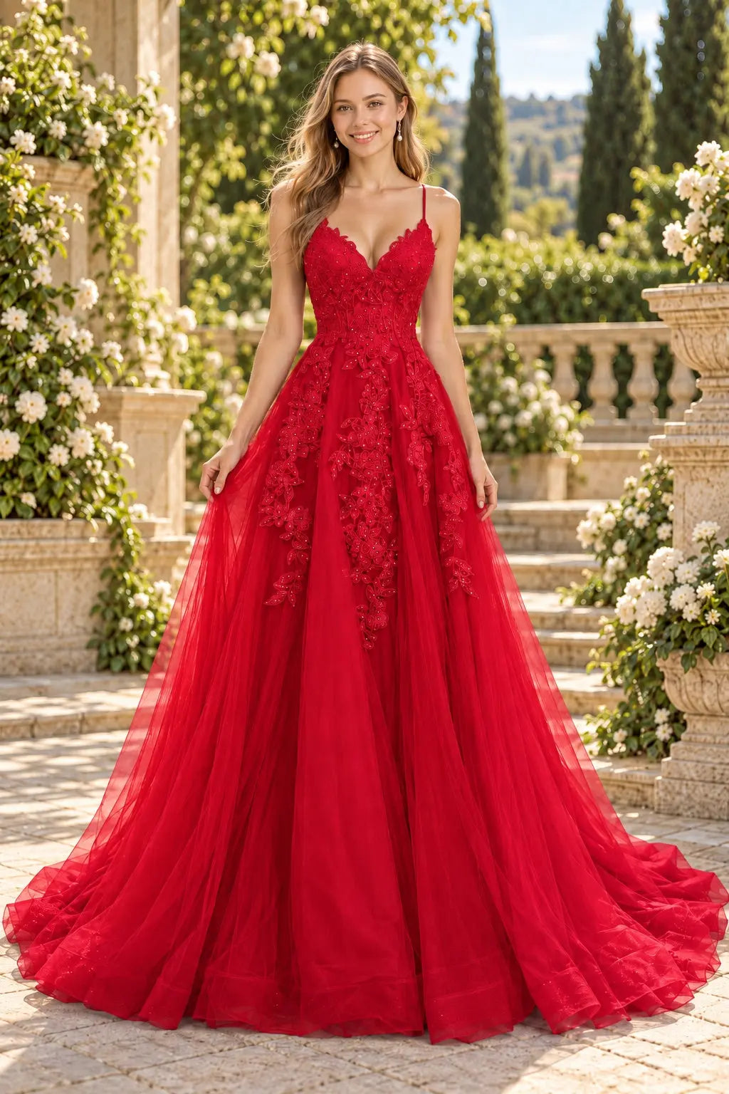 A-line V Neck Spaghetti Straps Sweep Train Tulle Prom Dress With Appliqued