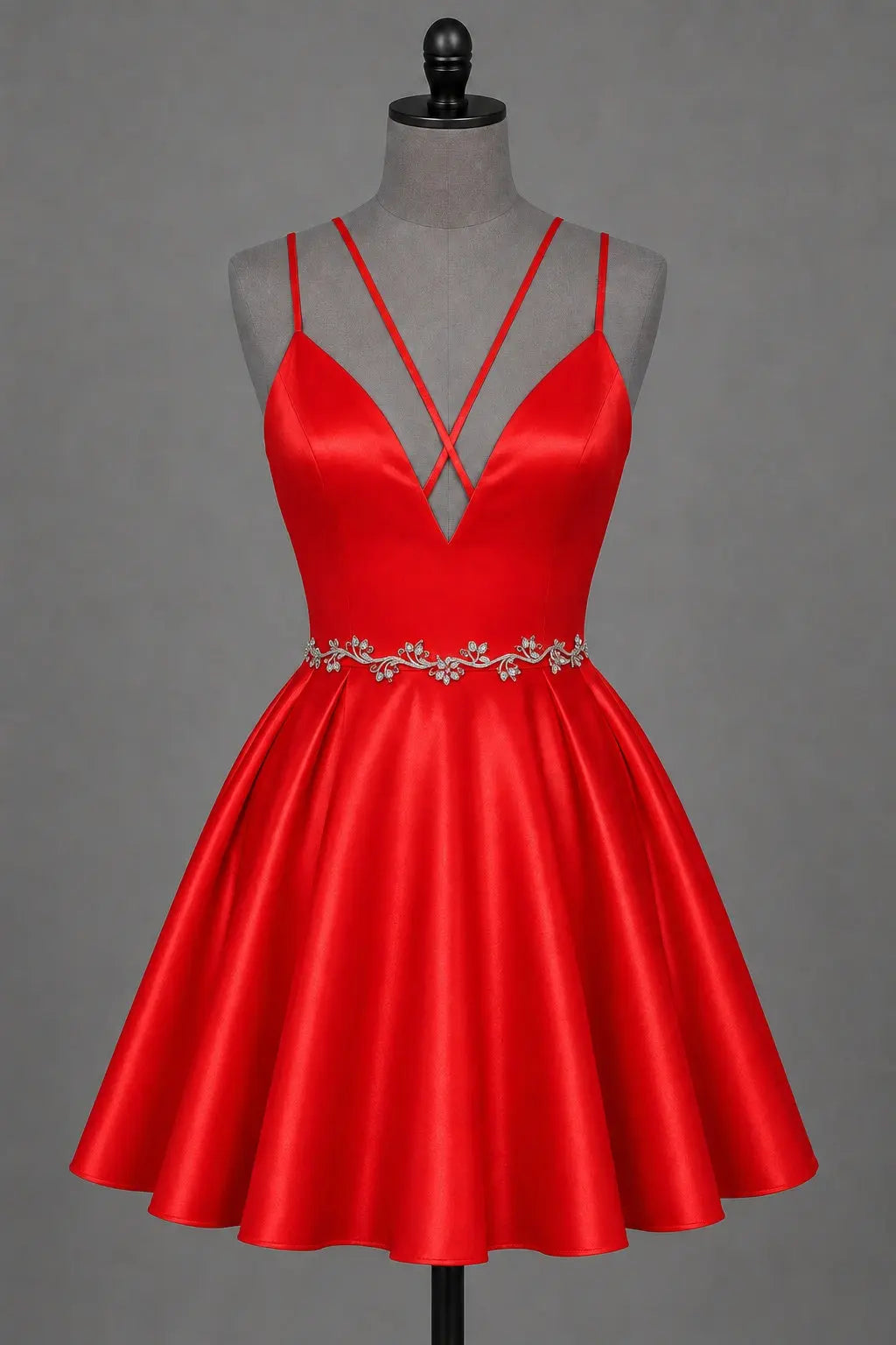 Red V Neck Satin Mini A Line Homecoming Dress With Pockets