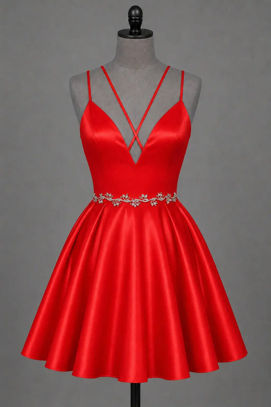 Red V Neck Satin Mini A Line Homecoming Dress With Pockets
