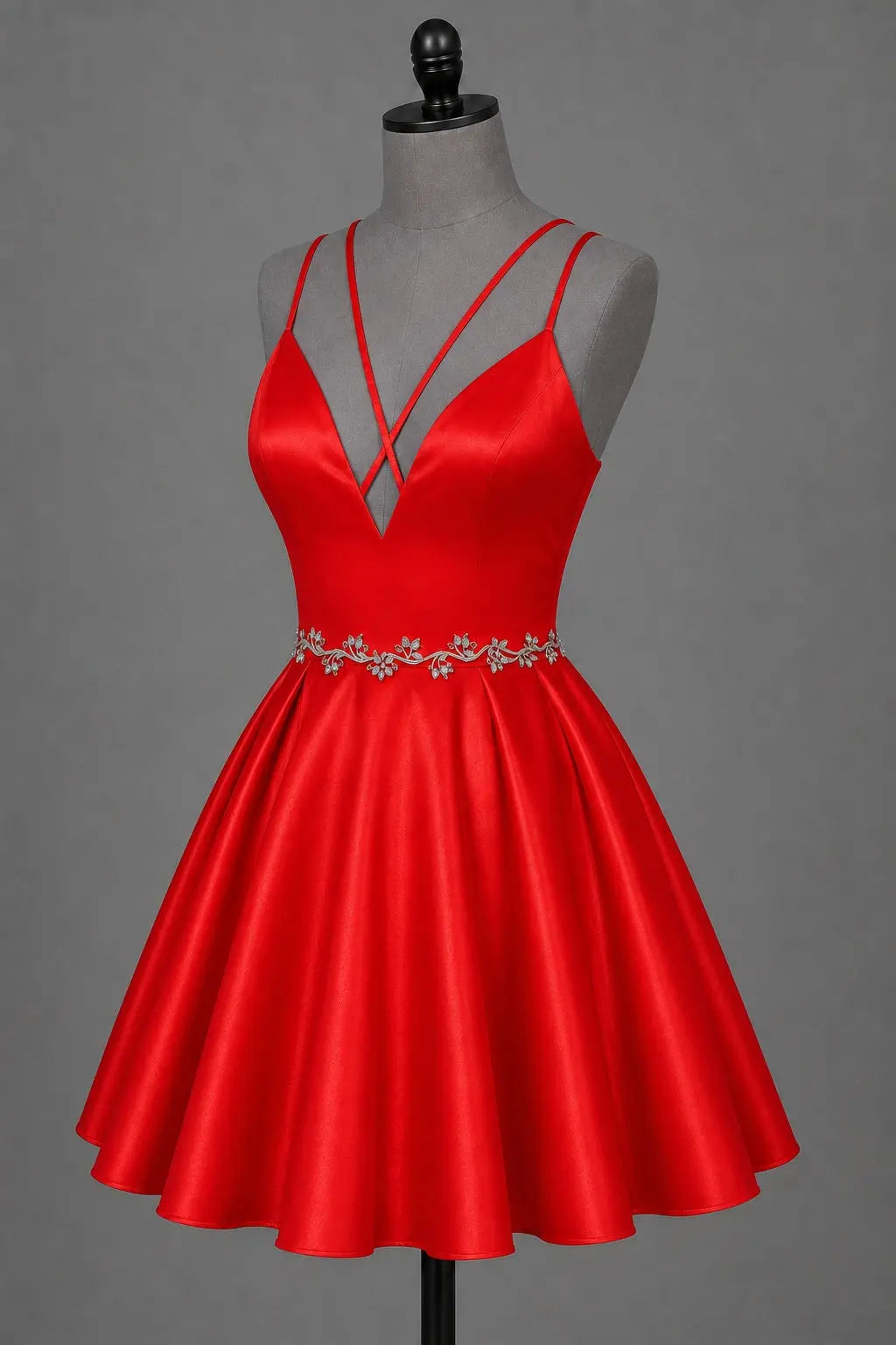 Red V Neck Satin Mini A Line Homecoming Dress With Pockets