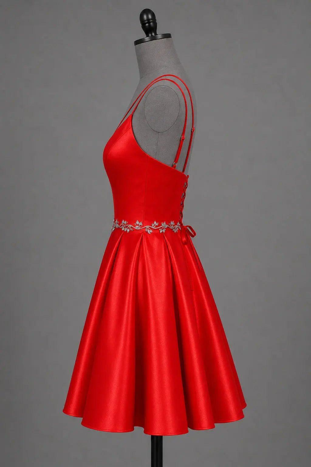 Red V Neck Satin Mini A Line Homecoming Dress With Pockets