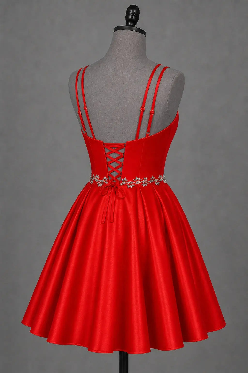 Red V Neck Satin Mini A Line Homecoming Dress With Pockets