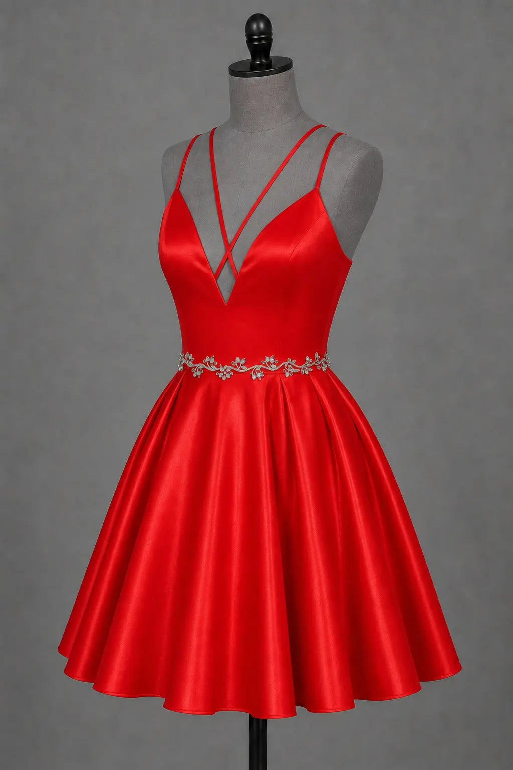Red V Neck Satin Mini A Line Homecoming Dress With Pockets