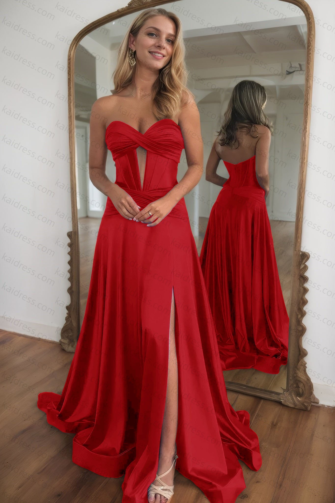 A-line Strapless Silk Long Blue Prom Dresses Elegant Evening Dress