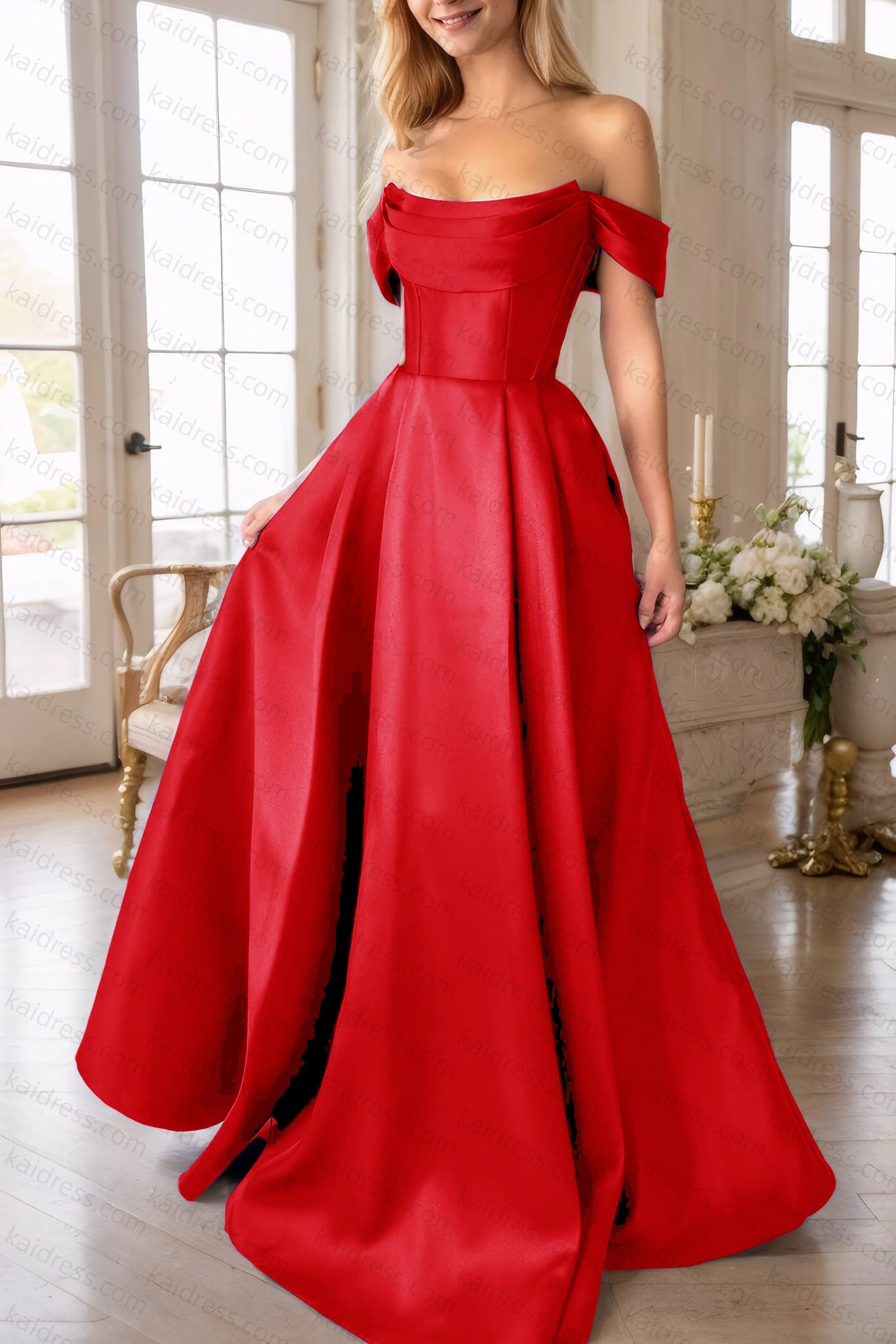A-Line Satin Long Prom Dress, Simple Off the Shoulder Evening Party Dress With Pockets