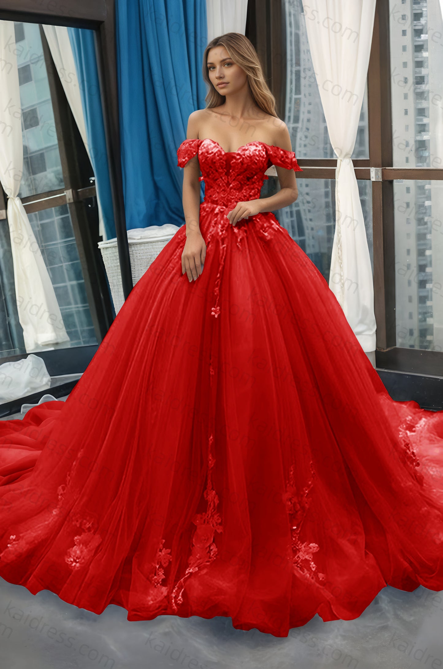 A-Line Off the Shoulder Tulle Applique Long Quinceañera Dresses Blue Formal Prom Dress