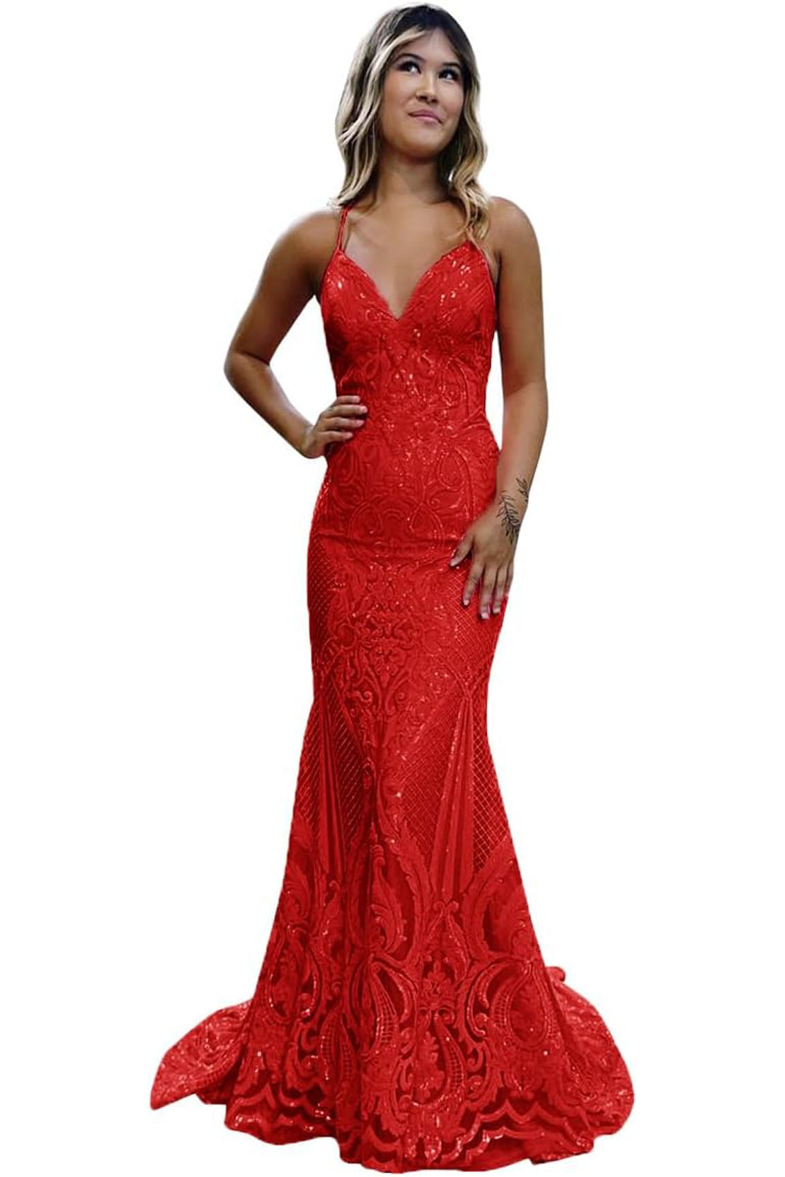 Trumpet/Mermaid V Neck Sleeveless Sweep Train Allover Sparkly Sequined Lace Prom Dress