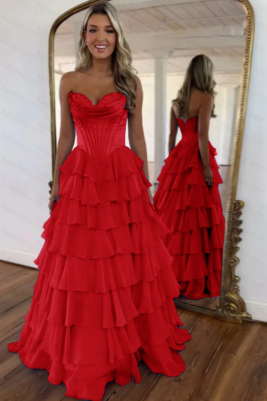 A Line Blue Sweetheart Chiffon Ruffled Long Corset Prom Dress with Slit