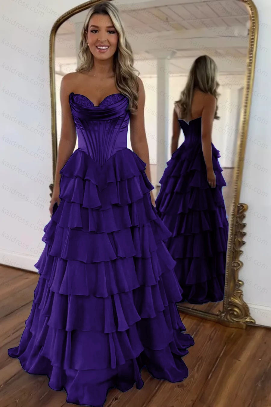 A Line Blue Sweetheart Chiffon Ruffled Long Corset Prom Dress with Slit