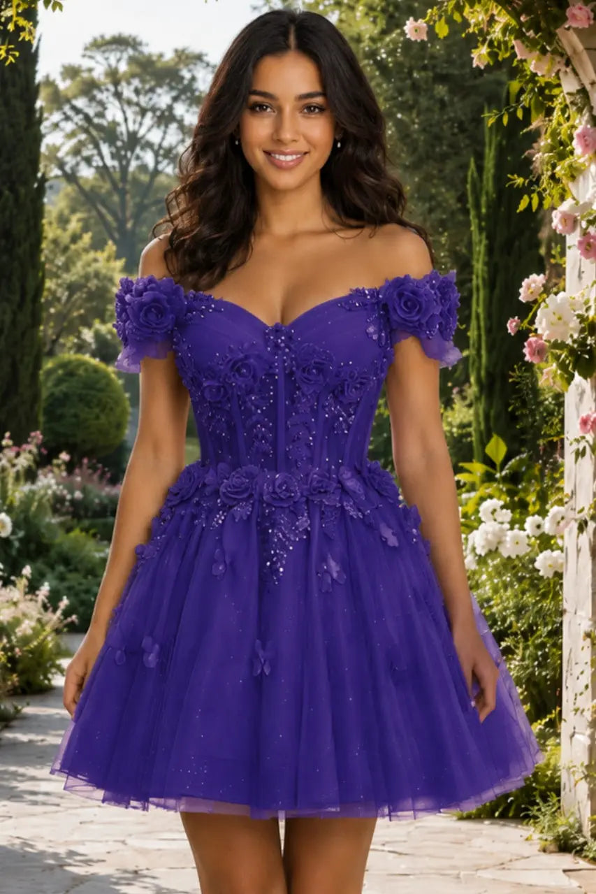 A-line Off-the-Shoulder Tulle Short/Mini Homecoming Dress with Appliqued Flowers Sequins KAIDRESS